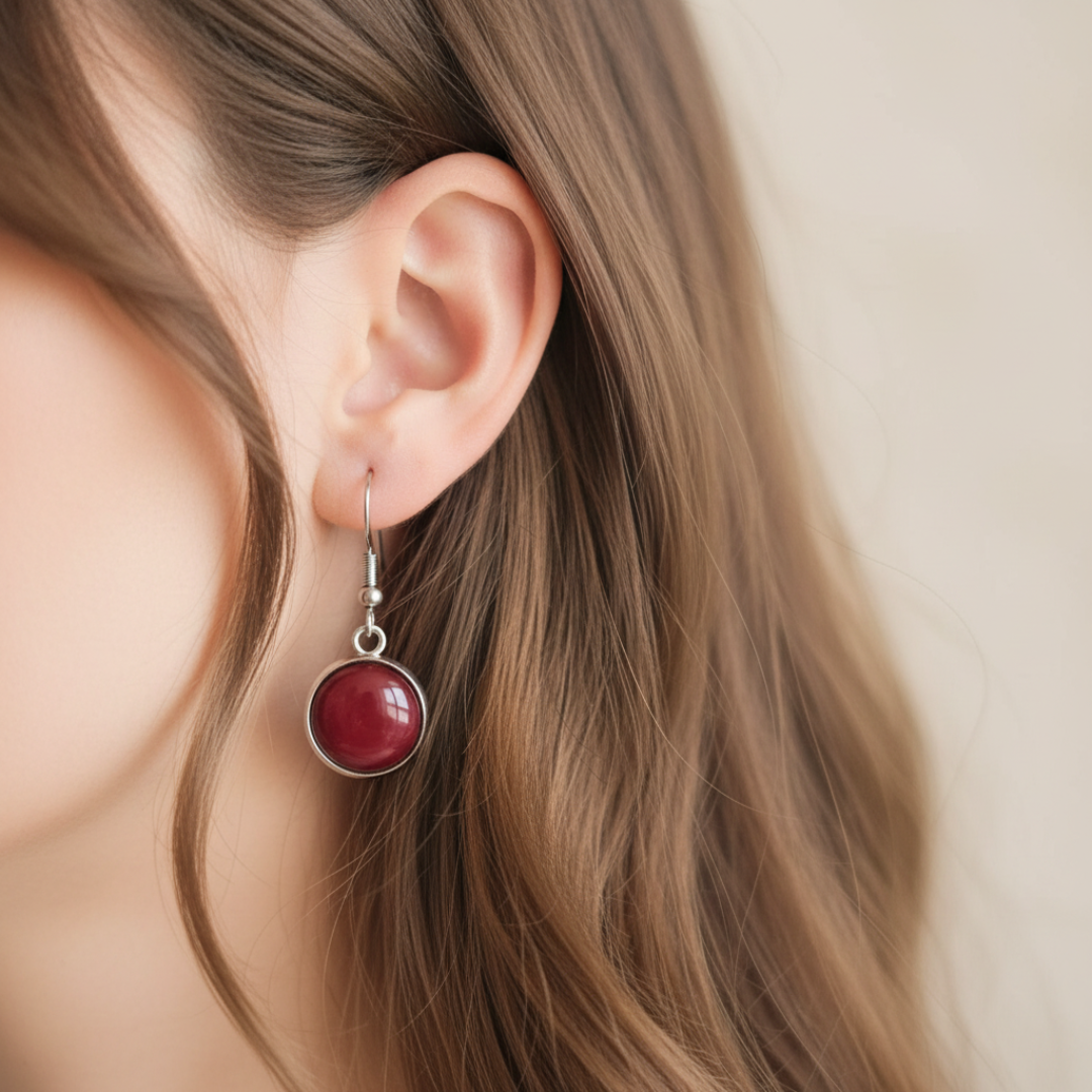 Oorbellen met mooi bordeaux steentje in goud en zilver