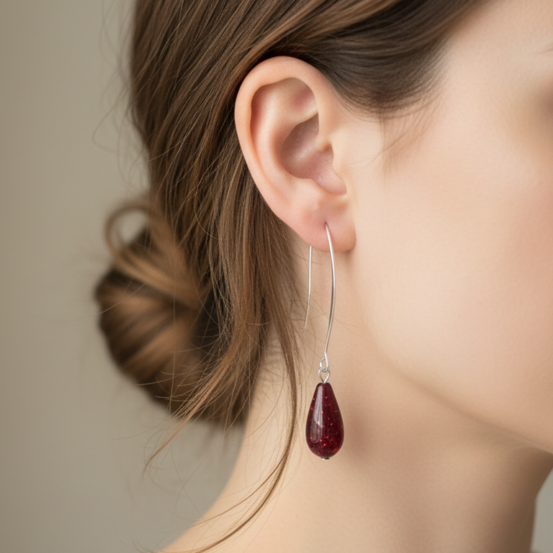 Oorbellen bordeauxrode druppel zilver lang