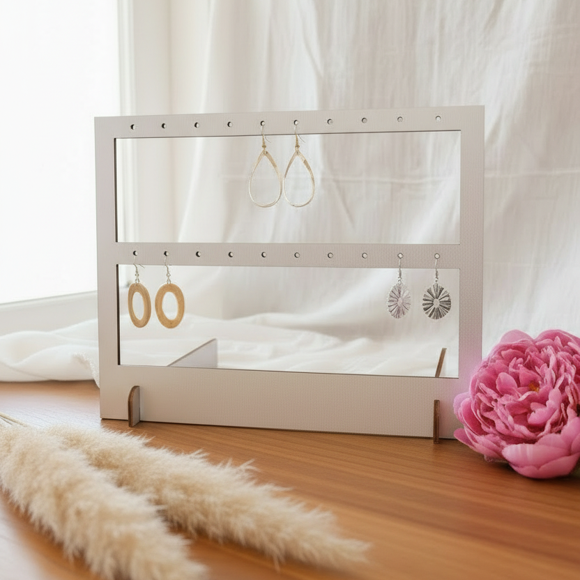 oorbellenrek zilver, 2 rijen, houten voet voor oorbellen opslag