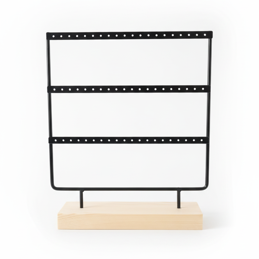 Zwart oorbellenrek met houten voet, 3 rijen, leeg display voor oorbellen opslag