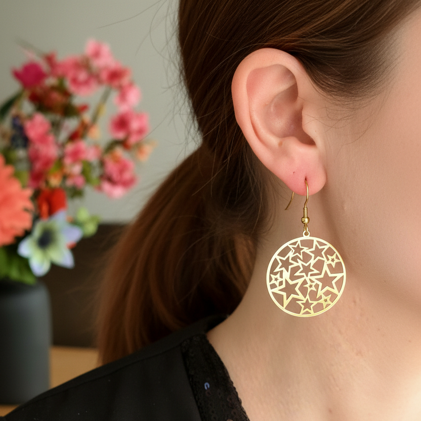 Ronde gouden oorbellen met sterren uitsnede - nette ponytail