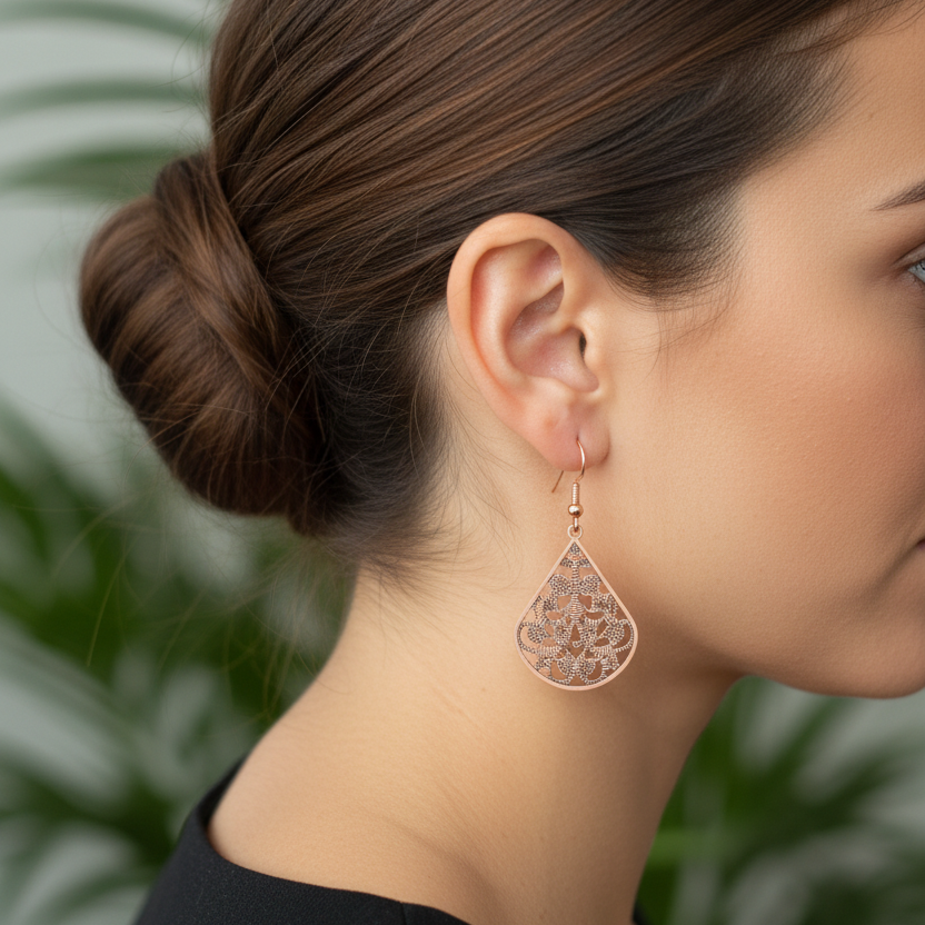 Rosé gouden druppel oorbellen gedragen zonder oog
