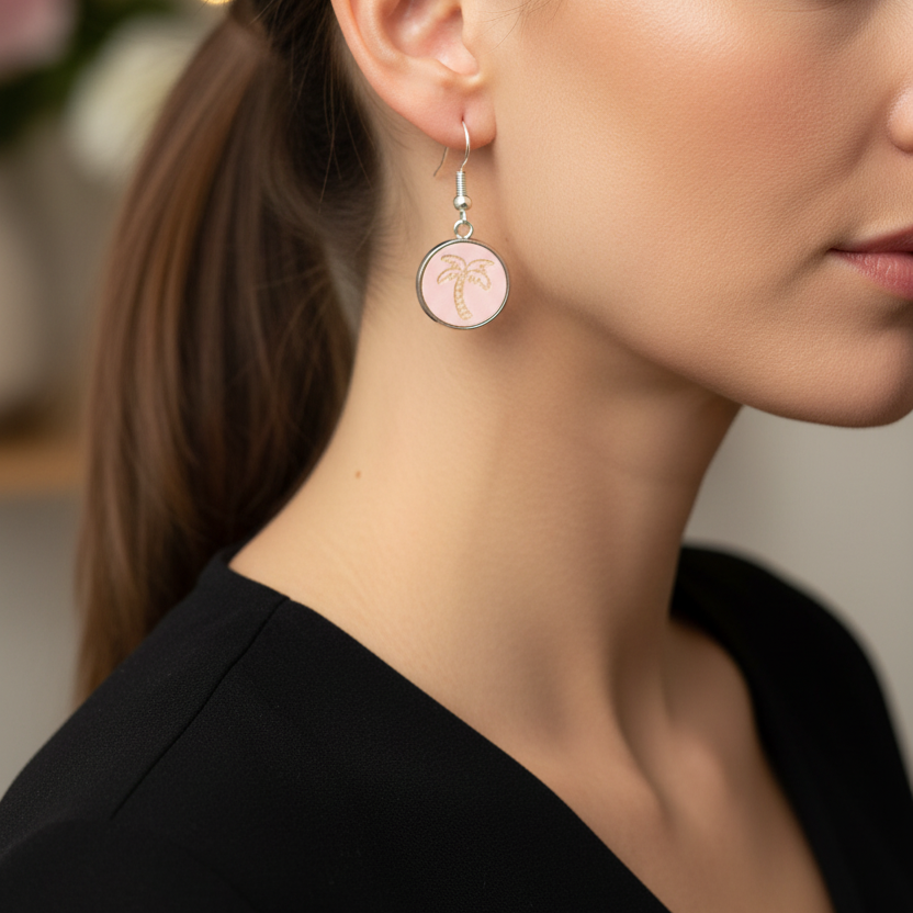 Roze houten palmboom oorbellen gedragen