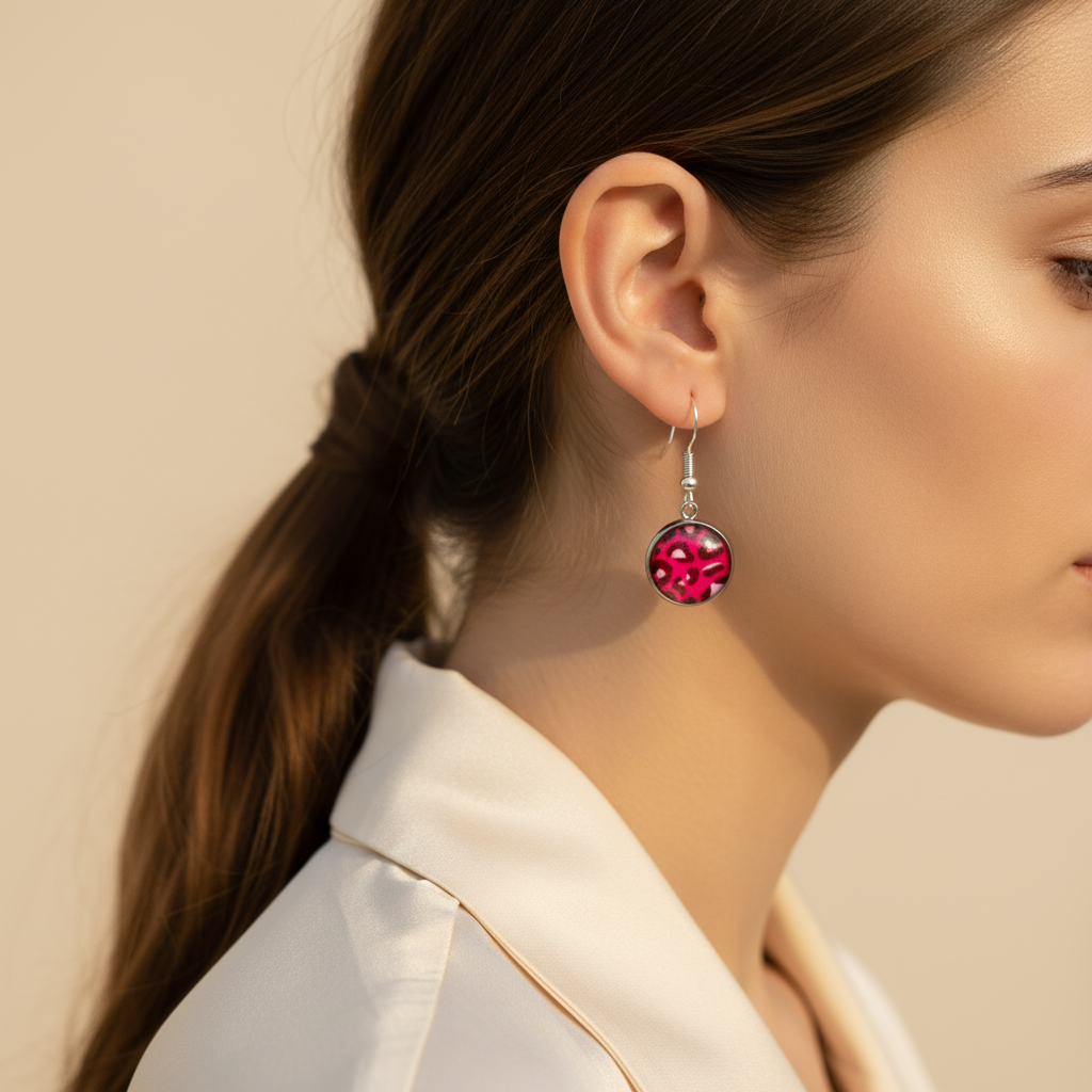 Model draagt roze leopardprint oorbellen met zilverkleurig haakje, close-up profiel shot met los haar 