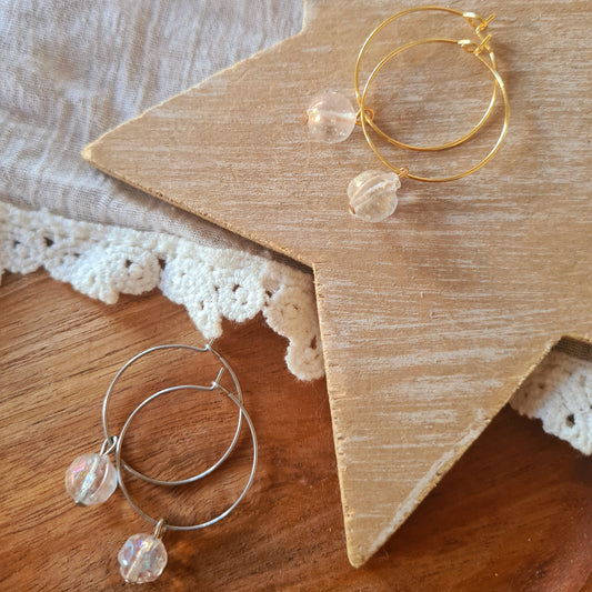 Stainless steel ringoorbellen in goud en zilver met transparante glaskraal