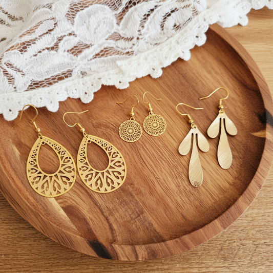 Voordeelpakket 3 paar goudkleurige oorbellen filigraan druppel blad bloemvormig nikkelvrij