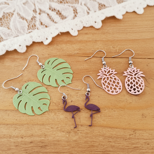 Zonnig voordeelpakket met 3 paar oorbellen ananas flamingo monstera zilverkleurig