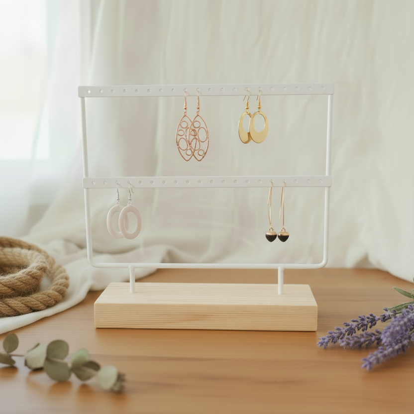 Wit oorbellenrek met houten voet, 2 rijen voor oorbellen opslag