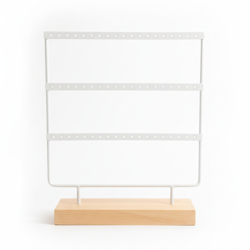 Wit oorbellenrek met houten voet, 3 rijen, leeg display voor oorbellen opslag