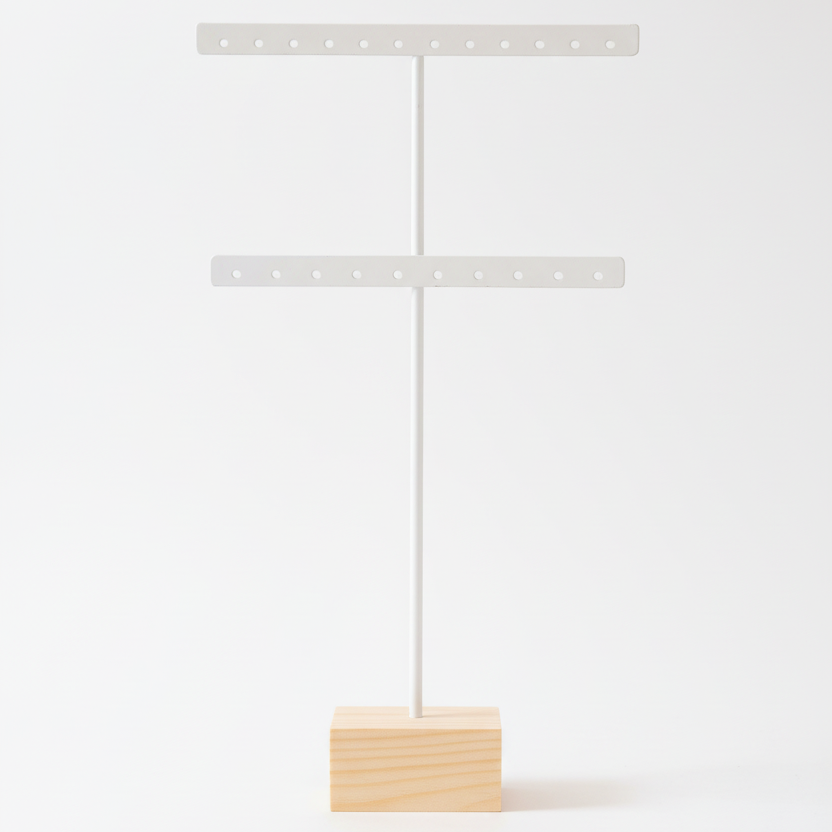 Wit T-vormig oorbellenrek met houten voet, leeg display voor oorbellen opslag