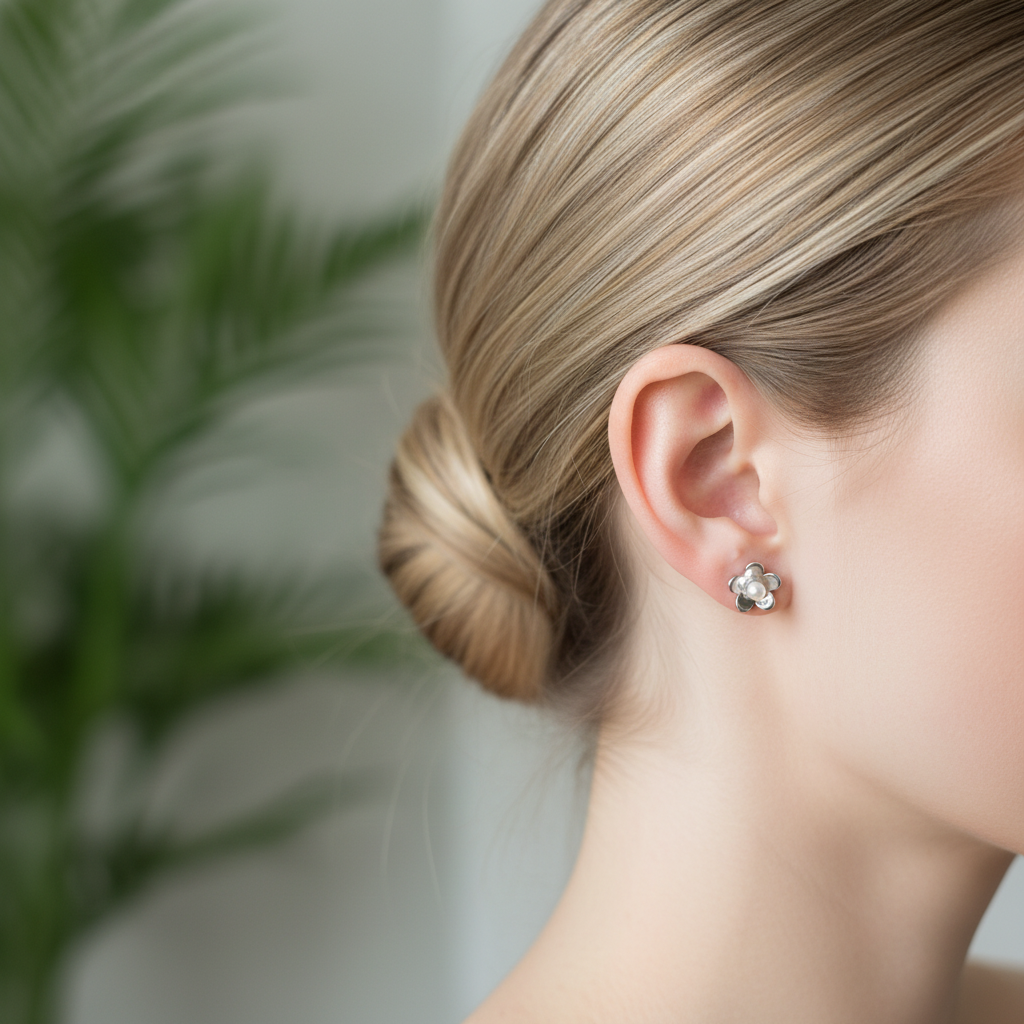 Zilveren bloemetjes met pareltje op model