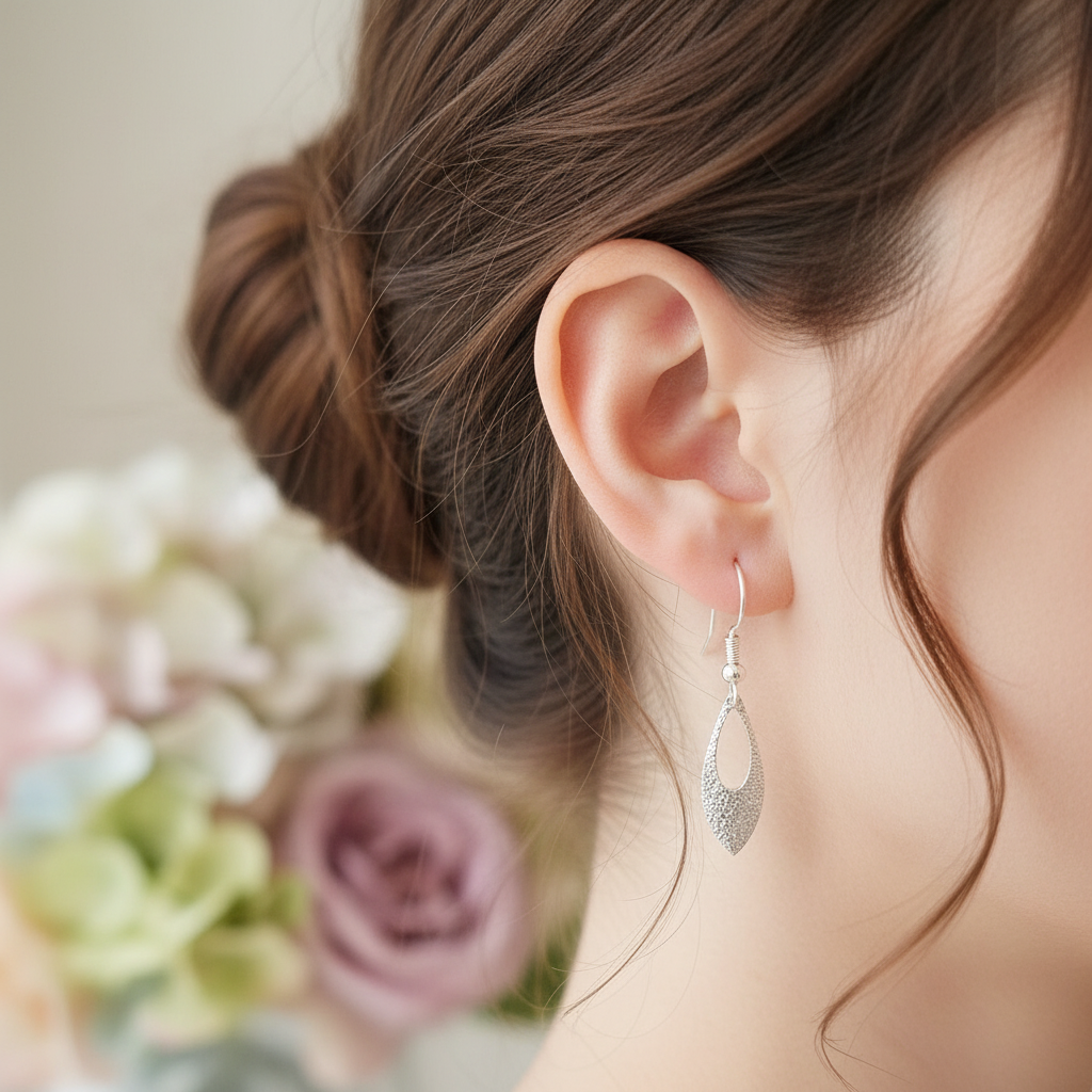 Zilveren druppel oorbellen textuur