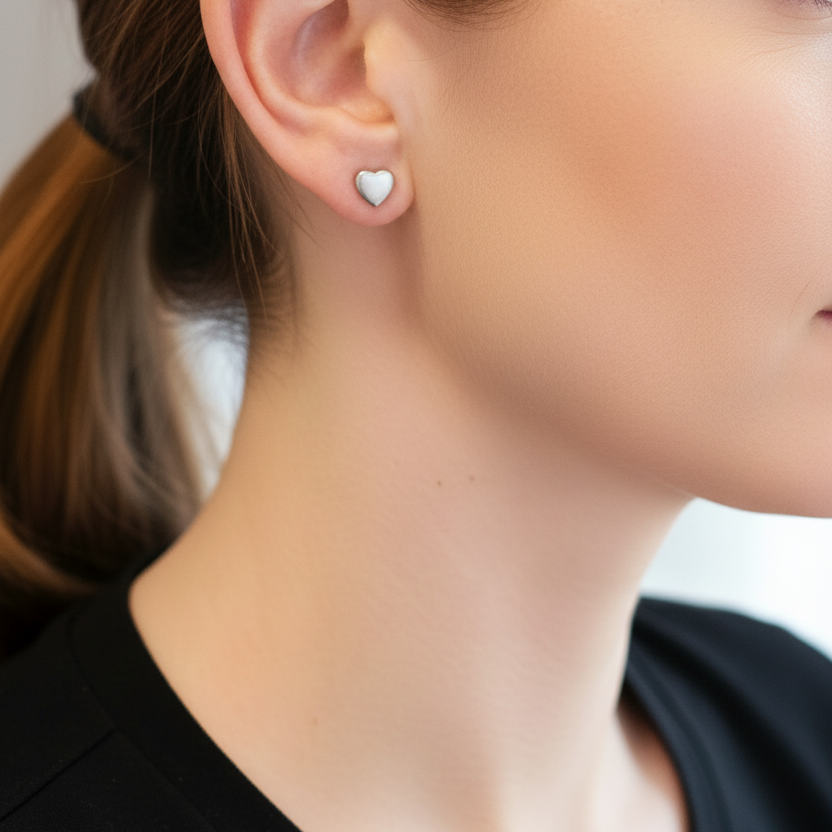 Zilveren hartjes studs gedragen