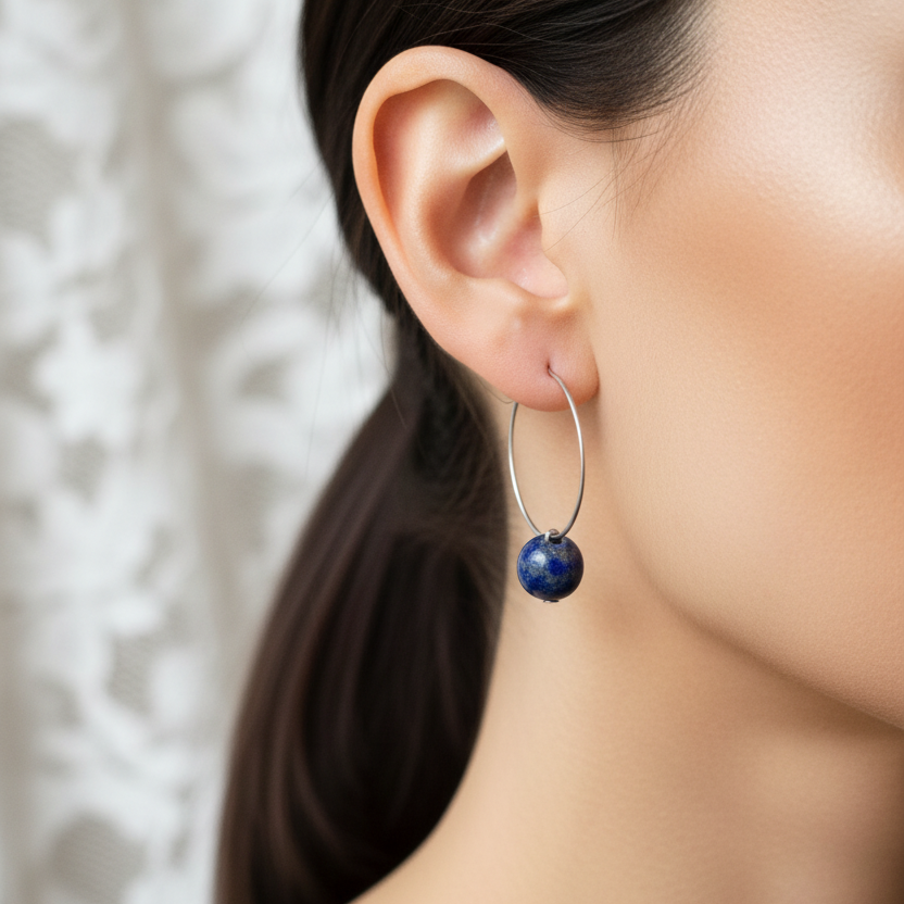 Zilveren hoepel oorbellen met lapis lazuli - normale ronde ring juiste maat