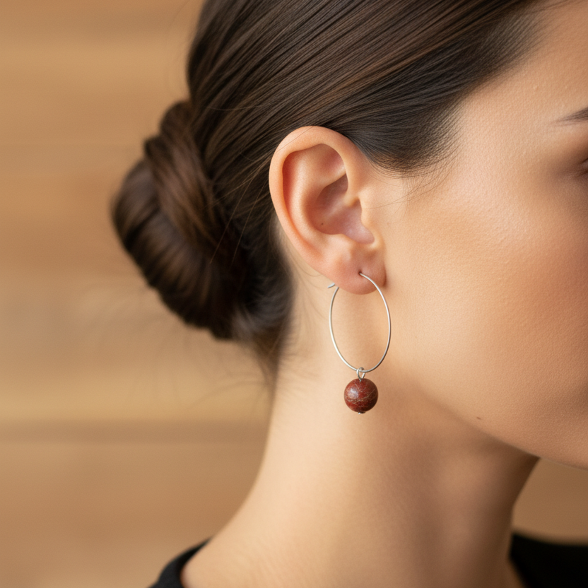 Zilveren hoepel oorbellen met rode jaspis steen - veel kleiner steentje
