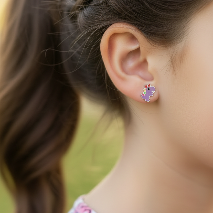 Zilveren kinderoorbellen met paarse dino - ander kapsel