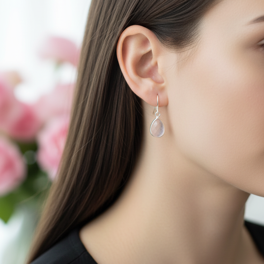 Zilveren matte roze rozenkwarts oorbellen - meer roze