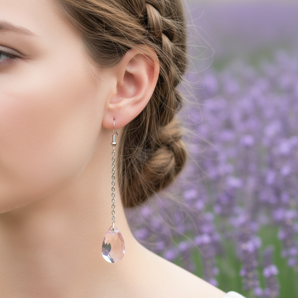 Zilveren oorbellen met roze kristalglas druppel op ketting - handgemaakte sieraden