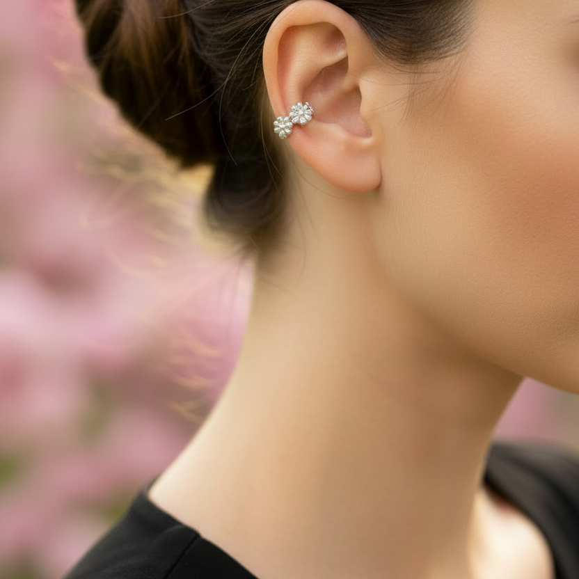 Zilverkleurige earcuff met bloemenmotief - alleen in het midden