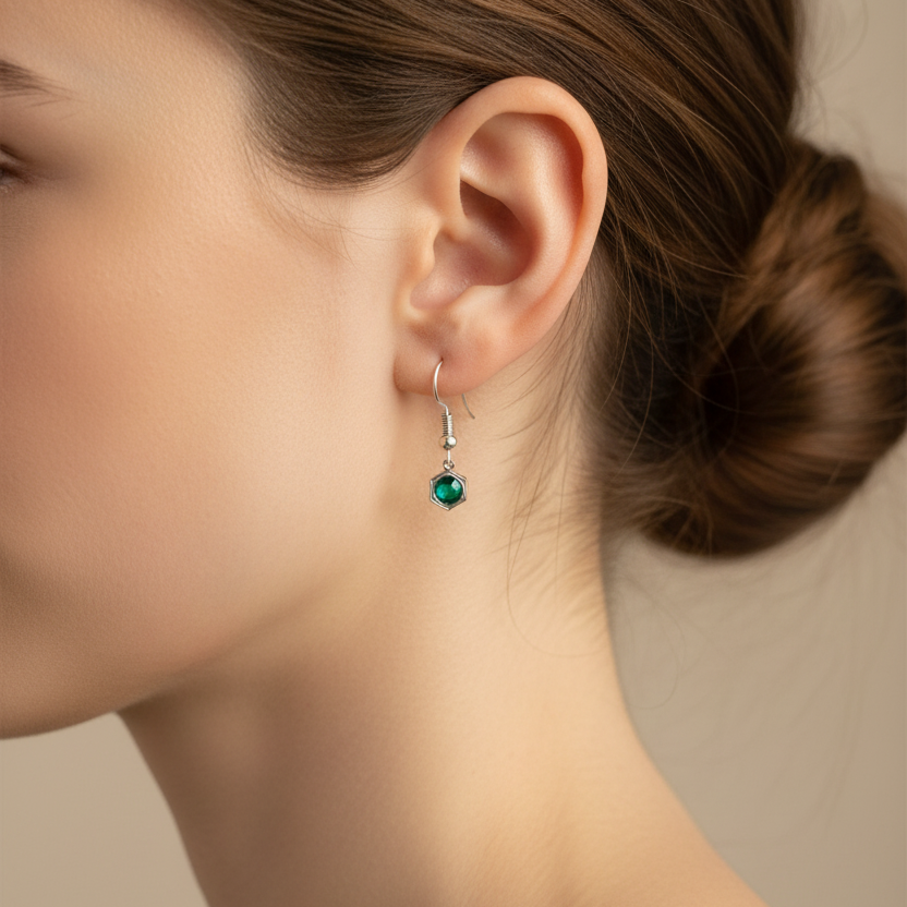 Zilverkleurige emerald groene geboortesteenoorbel - kleine delicate maat