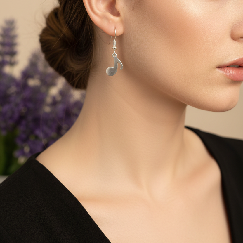 Zilverkleurige muzieknoot oorbellen gedragen door model