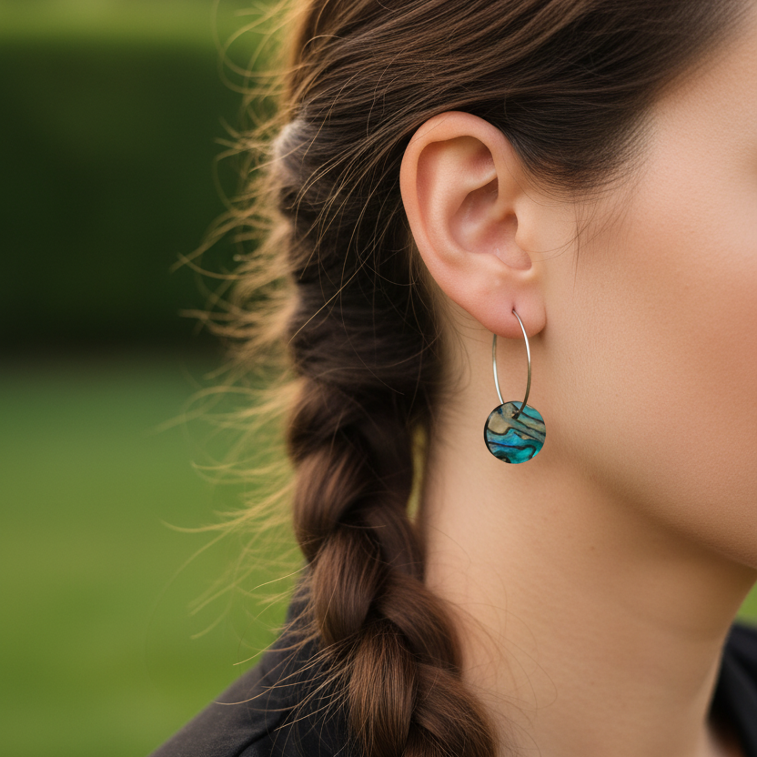 Zilverkleurige oorbellen met blauwe/groene resin hanger - ronde ring