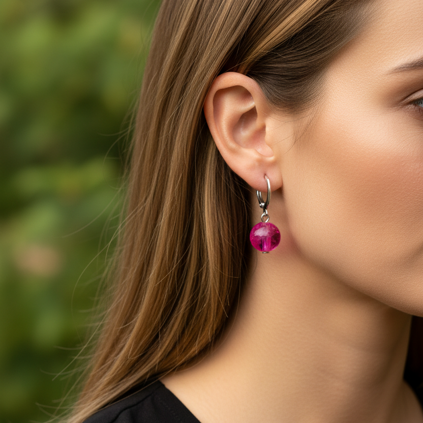 Zilverkleurige ringetjes met fuchsia roze kraal gedragen close-up nikkelvrij