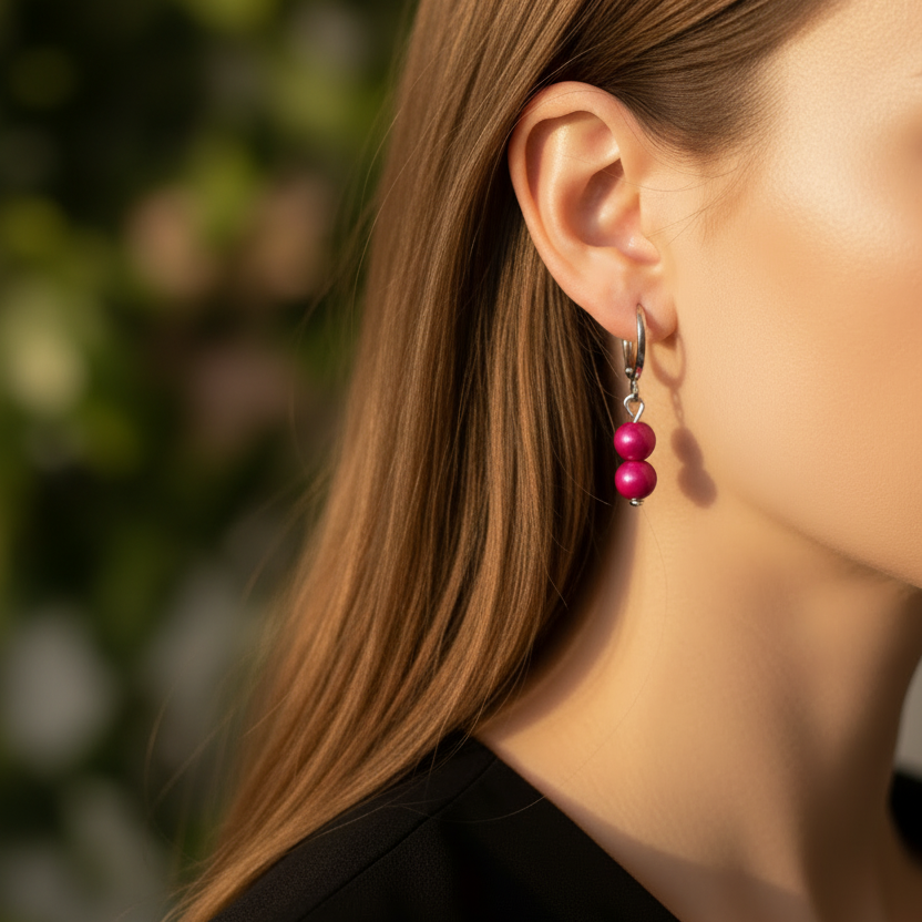 Zilveren oorbellen met fuchsia roze kralen, ringetjes met kliksluiting nikkelvrij