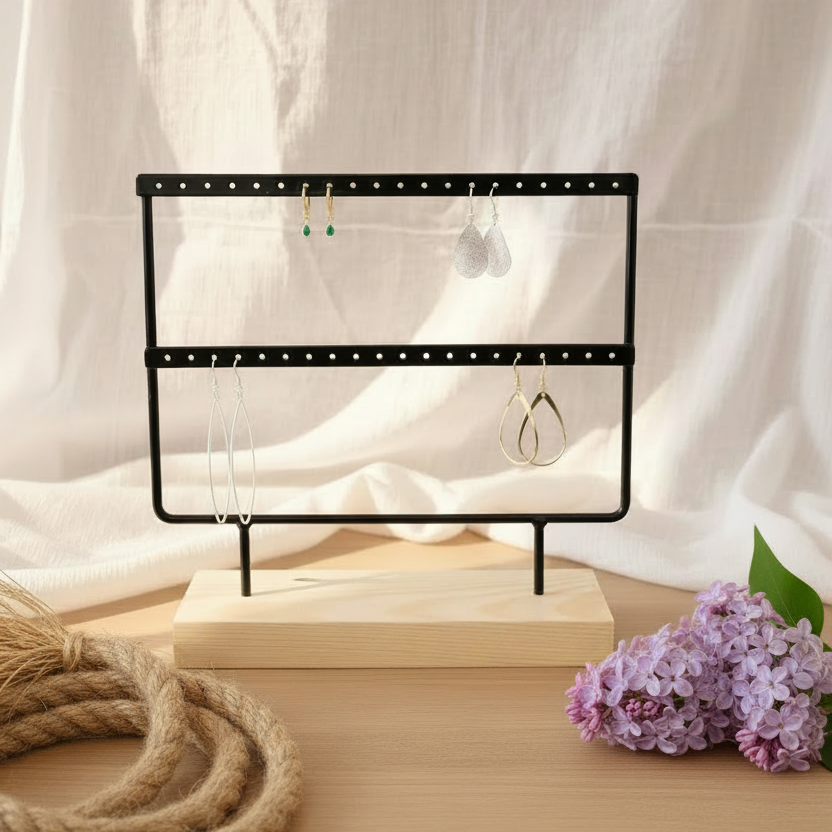 Zwart oorbellenrek met blank houten voet, 2 rijen voor oorbellen opslag