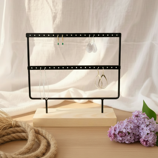 Zwart oorbellenrek met blank houten voet, 2 rijen voor oorbellen opslag