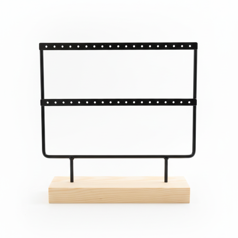 Zwart oorbellenrek met blank houten voet, 2 rijen, leeg display voor oorbellen opslag