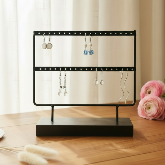 Zwart oorbellenrek met donkerbruine voet, 2 rijen voor oorbellen opslag