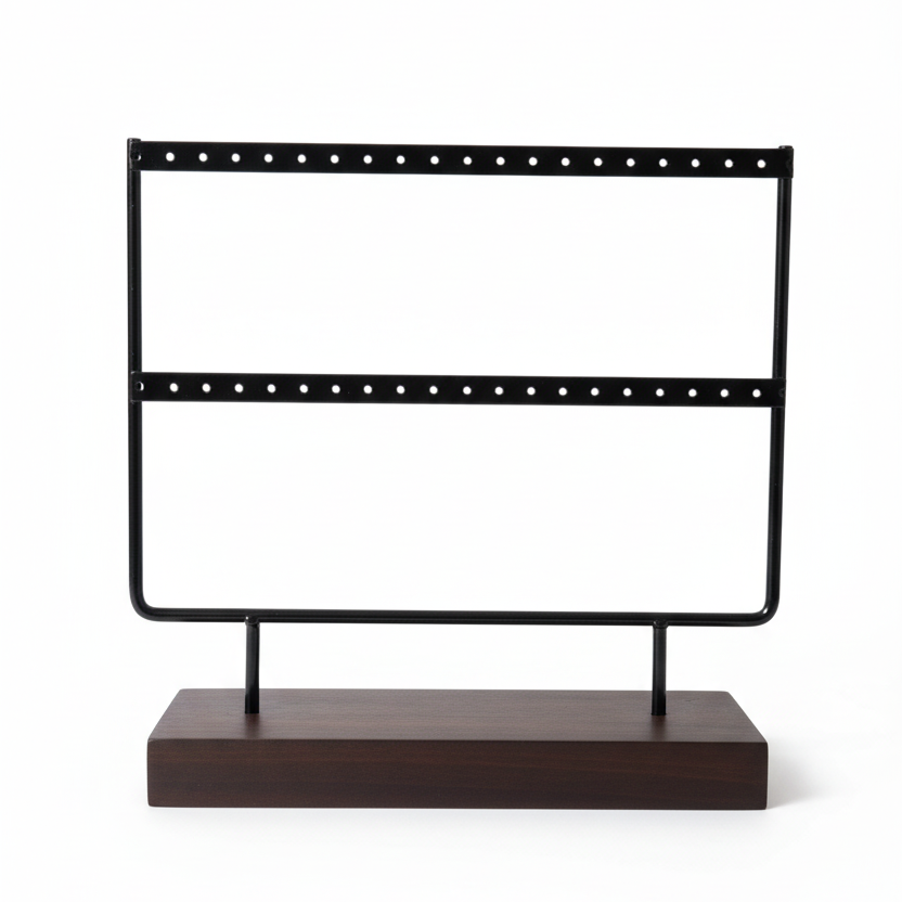 Zwart oorbellenrek met donkerbruine voet, 2 rijen, leeg display voor oorbellen opslag