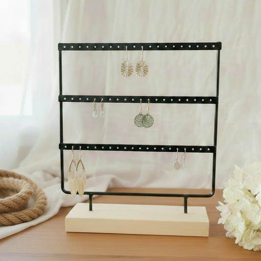 Zwart oorbellenrek met houten voet, 3 rijen voor oorbellen opslag