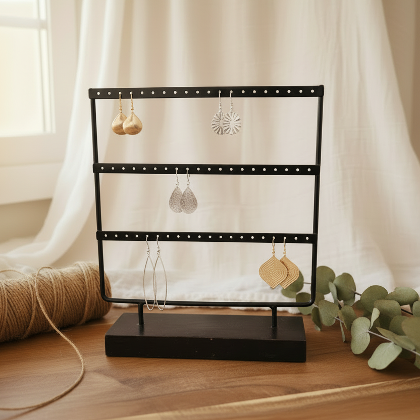 Zwart oorbellenrek met houten voet, 3 rijen en 60 gaatjes voor grote oorbellen collectie