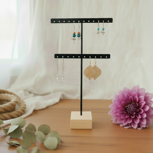 Zwart T-vormig oorbellenrek met houten voet, 2 rijen voor oorbellen opslag