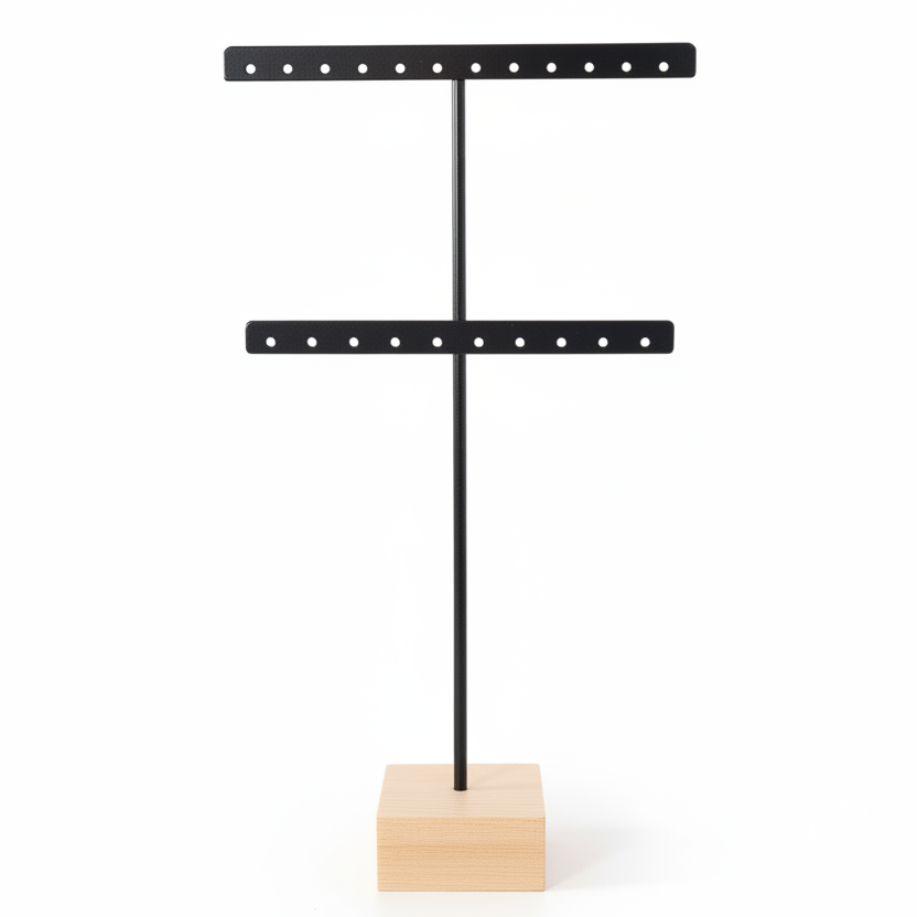 Zwart T-vormig oorbellenrek met houten voet, 2 rijen, leeg display voor oorbellen opslag
