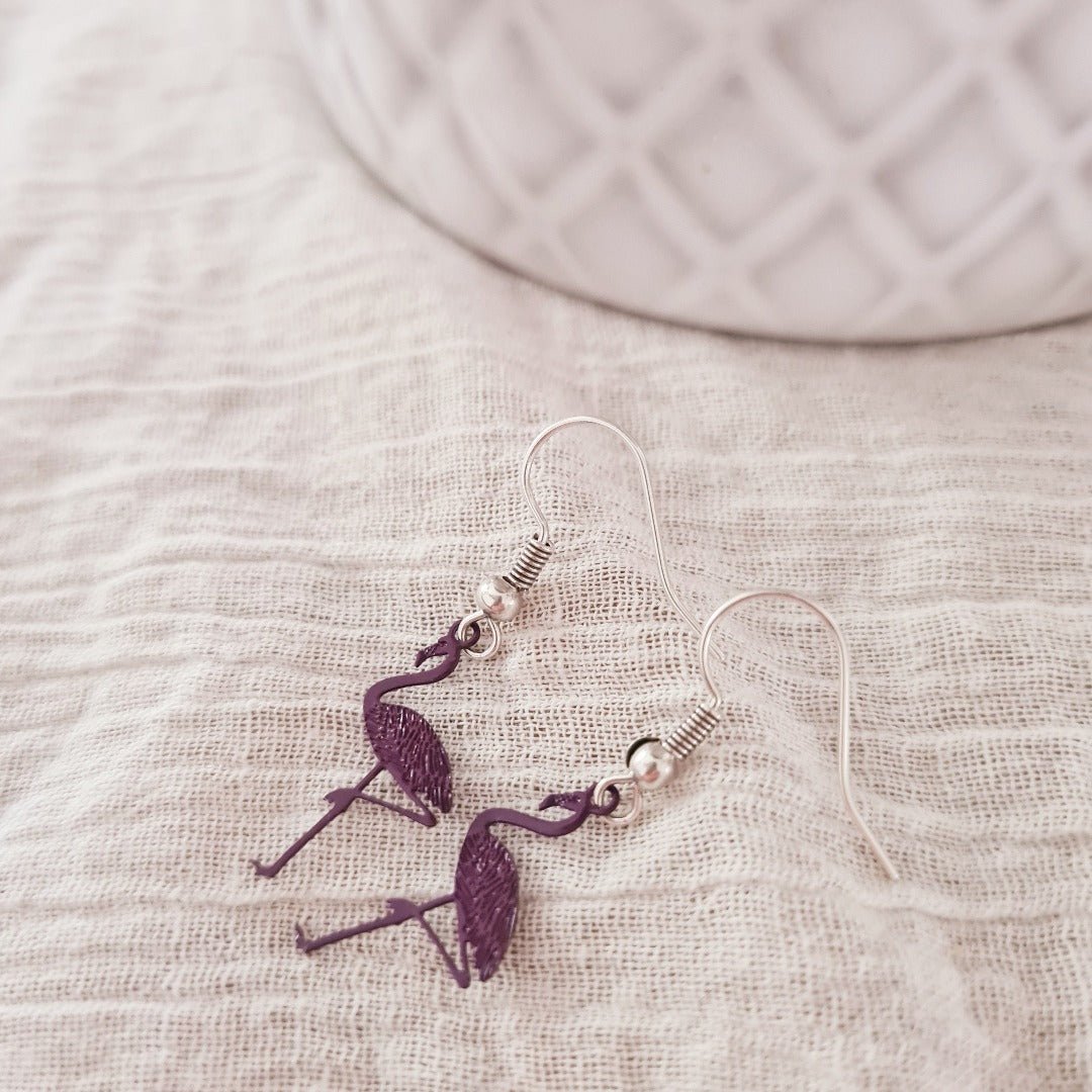 Zilveren flamingo oorbellen in paars