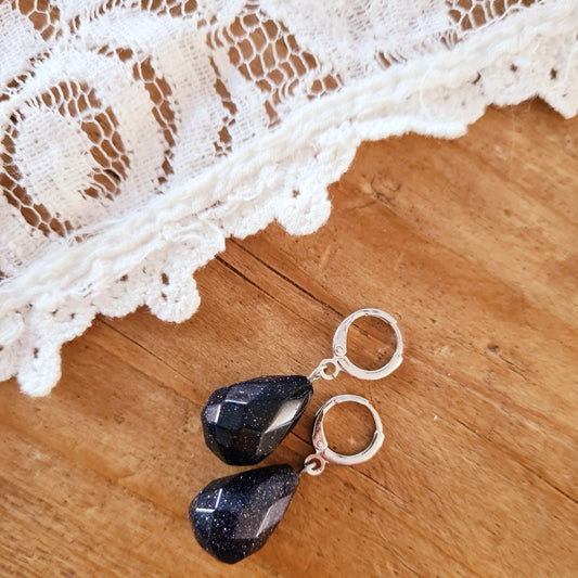 Blue goldstone ringetjes zilver donkerblauw glitter