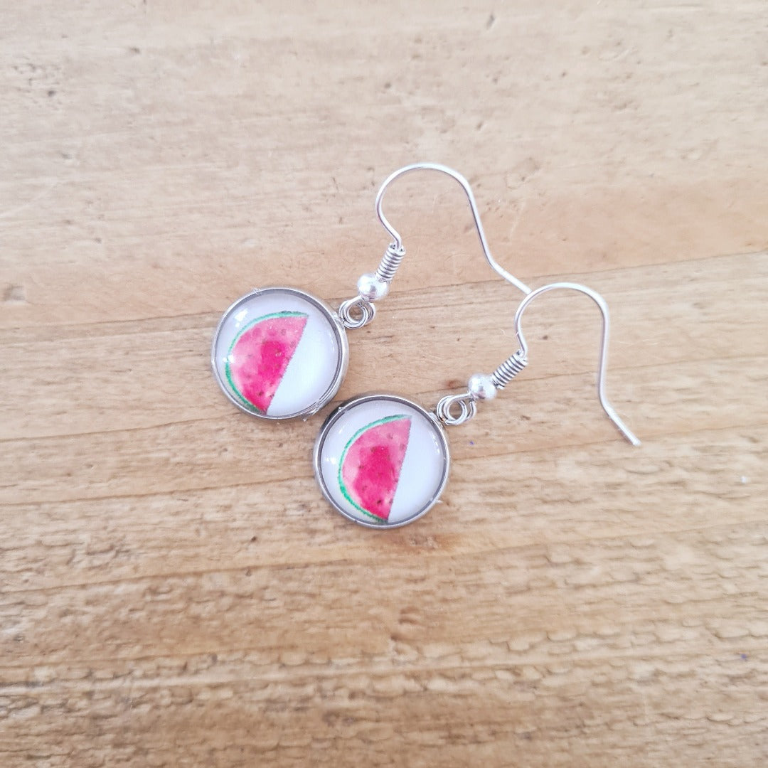 Zilverkleurige oorbellen met ronde watermeloenprint