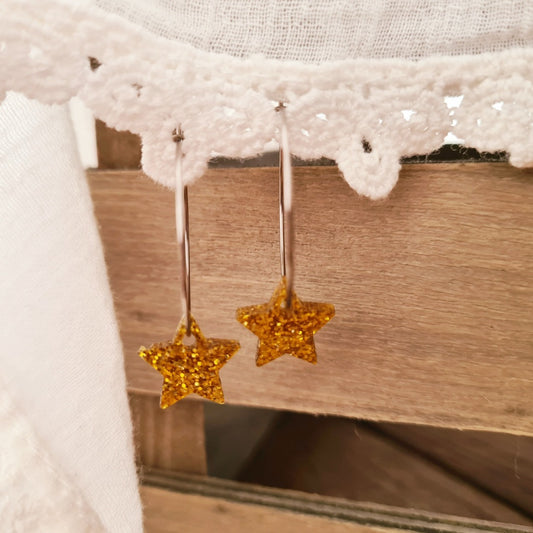 zilveren stainless steel ringen met gouden glitter sterren plex